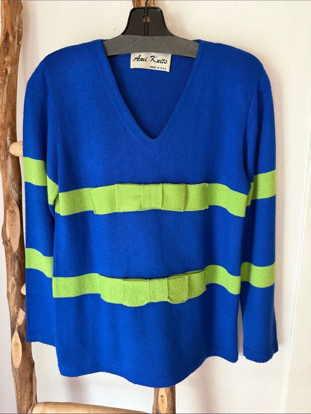 Vintage Colorful Royal Blue V-Neck Sweater with Lime Green Stripes & Bows M/L